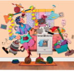 Though his works are often described as whimsical due to theme, use of color and pattern and their larger-than-life scale, Ricky Bernstein believes this term "...belies the seriousness of the subject matter." The main character in this work is Betty, a 1950's housewife aspiring to win her husband's office party contest. Her fantastic balancing act creates a perfect metaphor for the roles, expectations and aspirations of women in the 1950's, as seen by the artist.
Partial gift of Ricky Bernstein and museum purchase with funds from Ron Abramson, Carl and Elizabeth (Betty) Pforzheimer, Solomon (Sonny) and Gloria Kamm, David and Monica Bernstein, Sheldon Bruce Palley, Peter Zandan, Mariah Riess, Warren and Margot Coville (Trico Foundation), Ann Rollins, Alan and Barbara Boroff, Henry and Linda Wasserstein, Bonita (Bonnie) Marx, Julia Mueller, John and Liane Butitta, and Chris Rifkin Ricky Bernstein (American, b.1952), Betty's Big Night, from the Kitchen Dreams Series, 2013. Blown, sandblasted and painted glass, colored pencil, aluminum and mixed media.