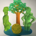 Using imagery from the Bible's creation story, Richard Jolley's Tableau series depicts a nude Adam and Eve figure standing before a large apple in the Garden of Eden. Quintessentially Jolley, the characatures' exaggerated features and the use of color give Tableau an almost comic-like quality. Richard Jolley (American, b.1952), Tableau, 2006. Blown and hot sculpted glass.