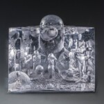 This figurative piece by Kristian Klepsch depicts a human visage, eyes open, staring into the world of the viewer, their thoughts, memories or emotions emanating from behind their head for all to see; the inclupted humanoid, insect and animal forms within exemplifying the term, "... to let one's imagination run wild."
Gift of Don and Carol Wiiken Kristian Klepsch (Austrian, b.1943), Inner Thoughts, 1986. Cast, engraved and insculpted glass.